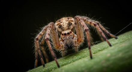 Close-up of a spider perched on a green leaf, showcasing intricate details and natural habitat