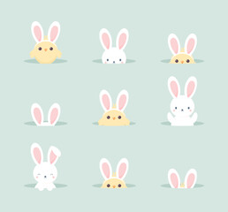Cute Easter bunnies and chicks with bunny ears peeking out of burrows. Flat vector illustration
