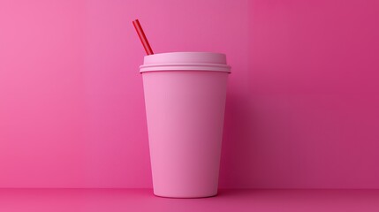 Pink Disposable Cup with Red Straw Against a Pink Background
