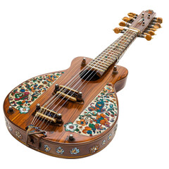 Beautiful wooden string instrument with intricate floral inlays, showcasing craftsmanship and artistry
