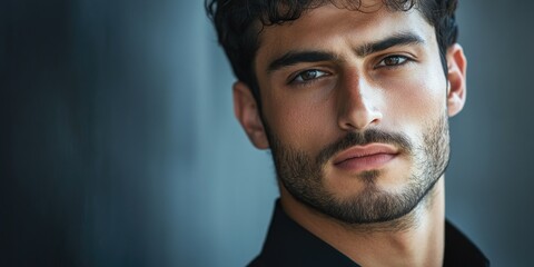 This image features a young adult male with a rugged facial beard, intense eyes, and a serious expression. He has dark hair and appears to be in his late twenties or early thirties. The lighting is