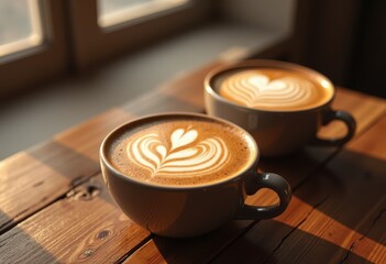 exquisite intricate latte art designs rustic wooden tabletop showcasing stunning patterns rich coffee textures, cup, foam, brown, beverage, cream, drink