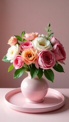 Elegant bouquet of fresh spring blooms displayed on a pink serving tray, serving tray, decoration