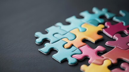 Obraz premium Interlocking Puzzle Pieces on a Dark Surface Illustrating Problem Solving And Teamwork