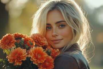 Young woman with blonde hair holds vibrant orange flowers in a sunlit outdoor setting during autumn