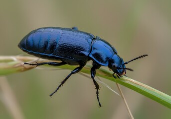 Fototapeta premium Close-Up Of A Shiny Violet Oil Beetle Crawling On A Green Blade Of Grass In Nature.
