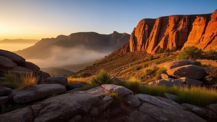 Breathtaking view of red rock cliffs at sunrise, with mist covering the valley below and lush grass in the foreground under a vibrant sky