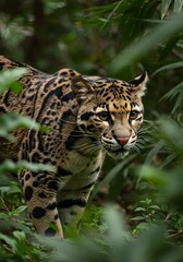 Obraz premium Clouded Leopard Stealthily Moving Through Lush Green Jungle.