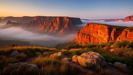 Breathtaking view of red rock cliffs at sunrise, with mist covering the valley below and lush grass in the foreground under a vibrant sky