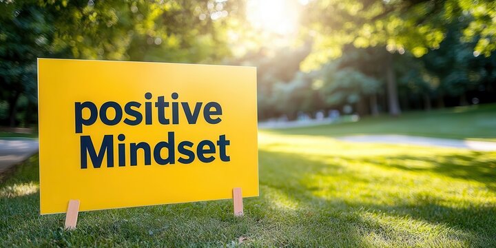 Inspirational coaching. Bright yellow sign displaying "positive Mindset" in a lush green park setting with sunlight filtering through trees.
