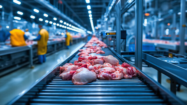 A large-scale poultry processing factory with multiple conveyor belts running parallel, each carrying different types of raw chicken cuts, ready for sorting and packaging.
