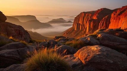 Breathtaking view of red rock cliffs at sunrise, with mist covering the valley below and lush grass in the foreground under a vibrant sky