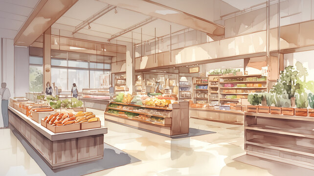 明るく清潔なスーパーマーケット｜パン売り場と飲料コーナーの風景
