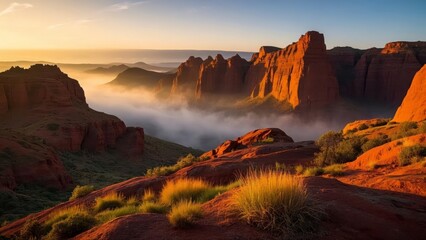 Breathtaking view of red rock cliffs at sunrise, with mist covering the valley below and lush grass in the foreground under a vibrant sky