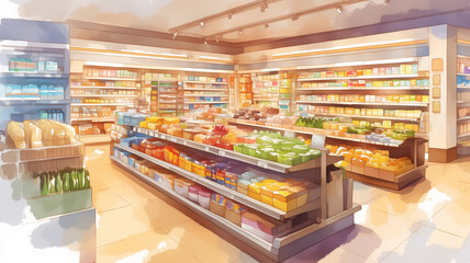 Fototapeta premium 広々としたスーパーマーケットの店内｜食料品と日用品が並ぶ売り場