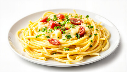 Delicious creamy pasta with cherry tomatoes on a simple white plate, culinary elegance