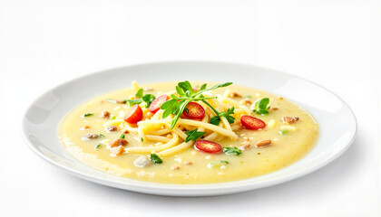 Delicious potato leek soup garnished with fresh herbs, culinary art