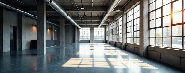 Obraz premium Empty industrial style office with exposed ceiling and large windows, contemporary, creative, industrial