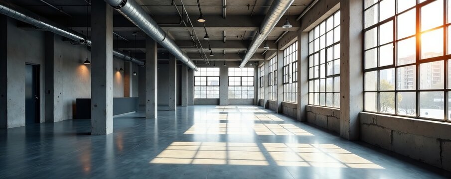 Empty industrial style office with exposed ceiling and large windows, contemporary, creative, industrial