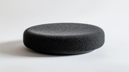 Dark gray circular sponge polishing pad on plain background