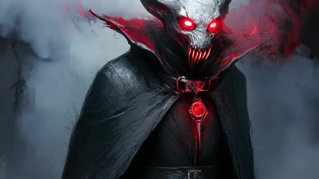 An animated illustration of a sinister vampire lord boss character with a cape, sharp fangs, and glowing red eyes, shrouded in smoke.