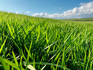 Obraz premium Green grass texture. Field of green grass, a lawn in spring. Background of color grass. Closeup of a freshly mowed lawn, park. Sports turf surface. Backdrop of pasture close up. Nature Wallpaper.