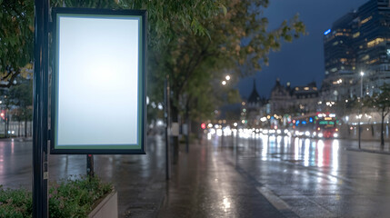 A blank illuminated billboard stands on a wet city street at night