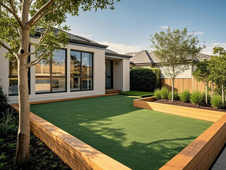 A contemporary home or residential buildings front yard features artificial grass lawn turf with timber edging and tree