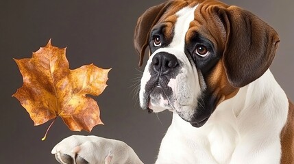 Boxer dog autumn leaf studio portrait