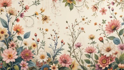 Colorful Vintage Floral Background with Botanical Illustrations and Decorative Patterns