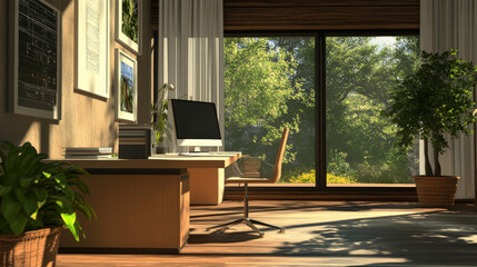 A 3D-rendered depiction of a modern office workspace, designed for functionality and contemporary appeal
