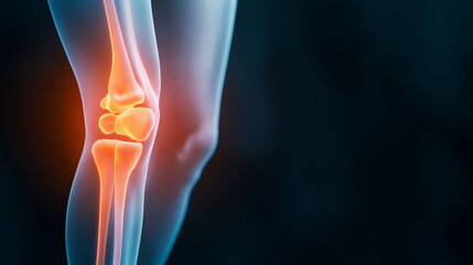 A medical scan-style X-ray displaying a transparent human leg, with the knee joint prominently glowing in an orange-red gradient, visually representing knee discomfort.