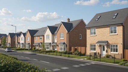 Charming Residential Neighborhood with Modern Brick Houses under a Bright Blue Sky