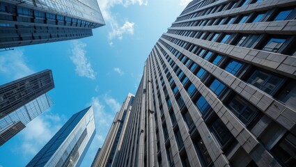 Fototapeta premium Tall Modern Skyscrapers Reaching Towards the Blue Sky in a Vibrant Urban Cityscape