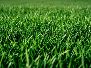 Fototapeta premium Green grass texture. Field of green grass, a lawn in spring. Background of color grass. Closeup of a freshly mowed lawn, park. Sports turf surface. Backdrop of pasture close up. Nature Wallpaper.