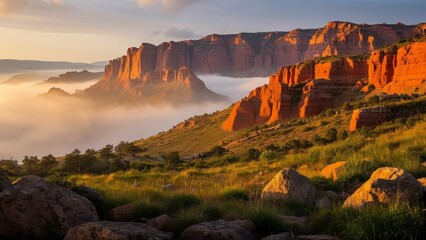 Breathtaking view of red rock cliffs at sunrise, with mist covering the valley below and lush grass in the foreground under a vibrant sky