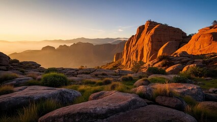 Breathtaking view of red rock cliffs at sunrise, with mist covering the valley below and lush grass in the foreground under a vibrant sky