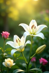 Naklejka premium Delicate white lilies and rose blossoms in a sunlit garden setting, garden, flowers, white