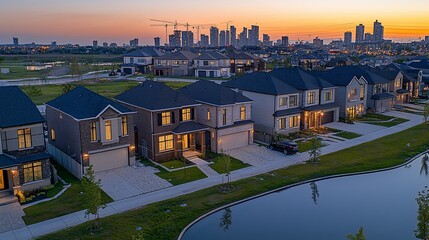 Obraz premium Suburban Homes at Dusk, City Skyline