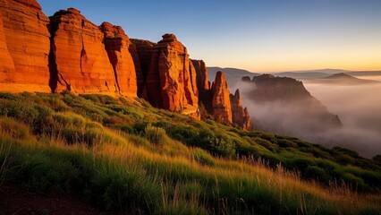 Breathtaking view of red rock cliffs at sunrise, with mist covering the valley below and lush grass in the foreground under a vibrant sky