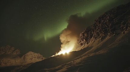 Fototapeta premium Majestic Northern Lights and Volcanic Eruption Under Starry Sky
