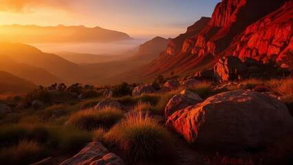 Breathtaking view of red rock cliffs at sunrise, with mist covering the valley below and lush grass in the foreground under a vibrant sky