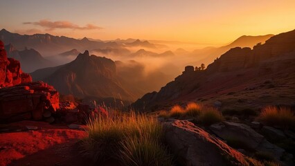 Breathtaking view of red rock cliffs at sunrise, with mist covering the valley below and lush grass in the foreground under a vibrant sky