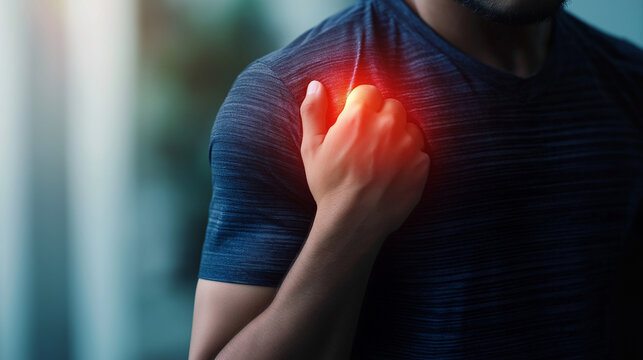 A close-up of a man in a sports jersey holding his shoulder, the area glowing in a soft red hue, symbolizing shoulder strain and the discomfort from overuse.