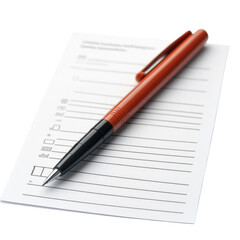 Red pen resting on a blank checklist with lines for tasks and notes isolated on transparent background, cutout png