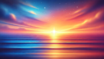 Vector Dreamy Ocean Sunset with Vibrant Gradient Sky Stars and Clouds