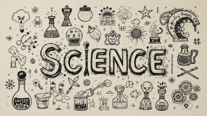 Creative Illustration Depicting Various Science Elements and Concepts with a Central Focus on Science