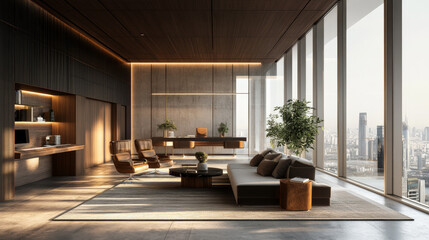 Fototapeta premium A contemporary office interior, designed with concrete finishes, city views, and abundant daylight, is furnished with stylish furniture and functional equipment. 3D rendering