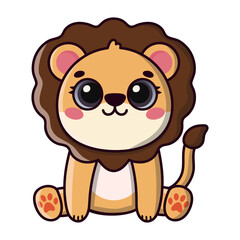Little lion with big eyes in kawaii style. Flat Cartoon Style. Image for card, sticker, baby clothing.