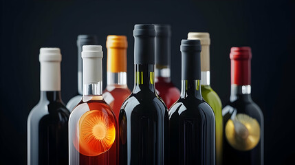 Obraz premium Diverse Wine Bottles Collection Showcasing Red White And Rose Wine Against Dark Background With Selective Focus On Wine Labels